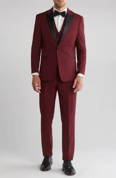 Shop Gino Vitale Slim Fit Satin Peak Lapel 3-piece Tuxedo In Burgundy