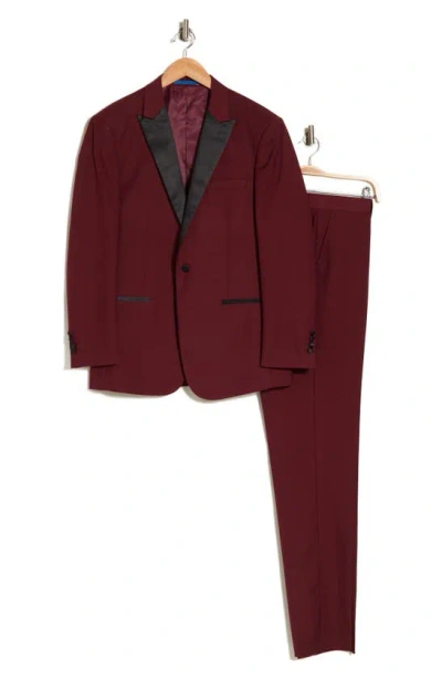 Shop Gino Vitale Slim Fit Satin Peak Lapel 3-piece Tuxedo In Burgundy