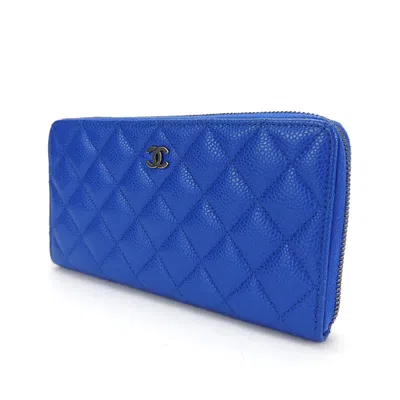 Pre-owned Chanel Zip Around Wallet Blue Leather Wallet  ()