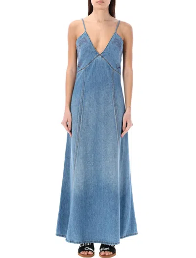 Shop Chloé Long Flared Denim Dress In Foggy Blue