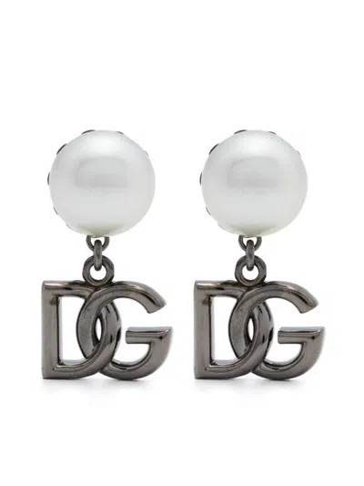 Shop Dolce & Gabbana Clip Earrings With Dg Pendant In Grey