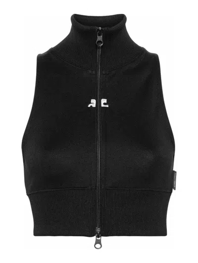 Courrèges Ribbed Vest With Contrasting Color Logo On The Front In Black
