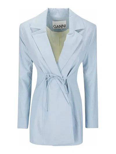 Shop Ganni Drapey Melange Tiestring Blazer In Blue