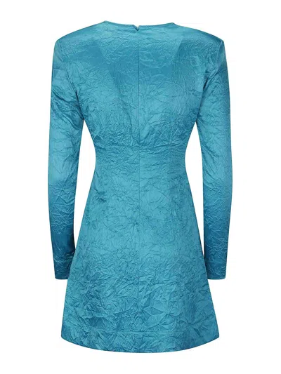 Shop Ganni Crinkled Satin Gathered Knot Mini Dress In Blue
