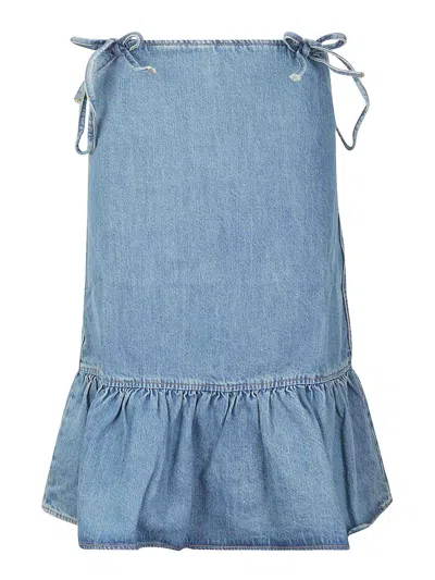 Ganni Blue Bows Denim Minidress In Dark Wash