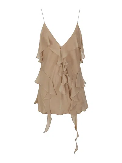 Khaite Piet Cascading-ruffle Sleeveless Tunic Top In Beige
