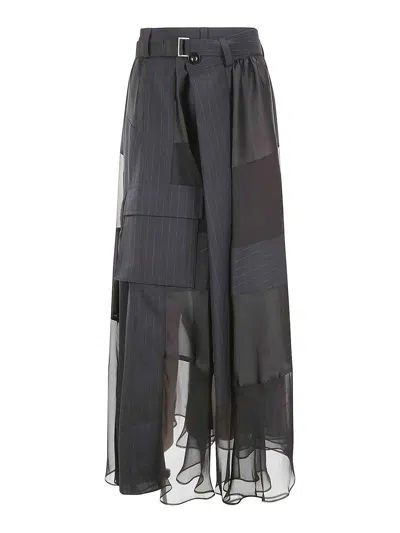 Shop Sacai Black Satin Skirt In Dark Blue