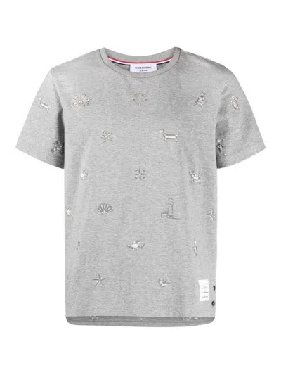 Shop Thom Browne Embroidered Cotton T-shirt In Grey