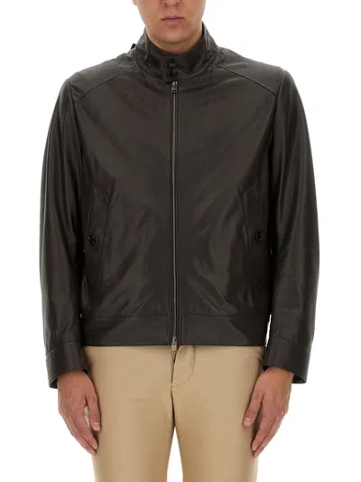 Shop Hugo Boss Leather Jacket In Brown