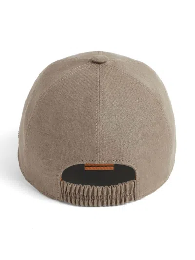 Shop Zegna Dark Beige Linen Baseball Hat In Brown
