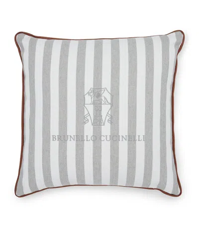 Shop Brunello Cucinelli Canvas Leather-piped Embroidered Striped Cushion (50cm X 50cm) In Grey