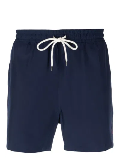 Shop Ralph Lauren Navy Blue Swim Shorts With Embroidered Pony