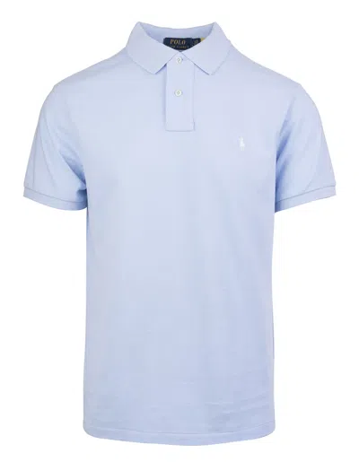 Shop Ralph Lauren Sky Blue And Navy Blue Slim-fit Pique Polo Shirt