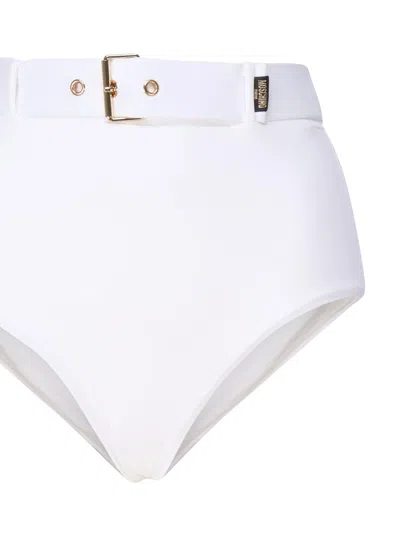 Shop Moschino High-waist Belted Stretched Bikini Bottoms In White