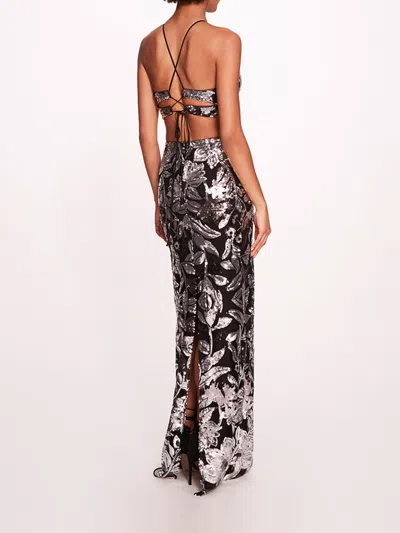 Shop Marchesa Botanical Sequin Gown In Black/silver