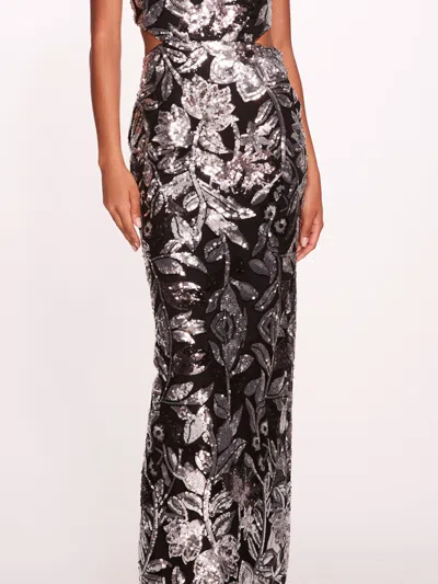 Shop Marchesa Botanical Sequin Gown In Black/silver