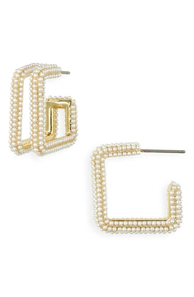 Shop Covet Square Two Row Micro Pearl Hoop Earrings In Gold/pearl