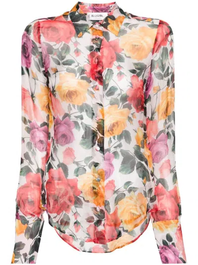 Shop Blumarine Silk Shirt With Floral Print In Multicolour