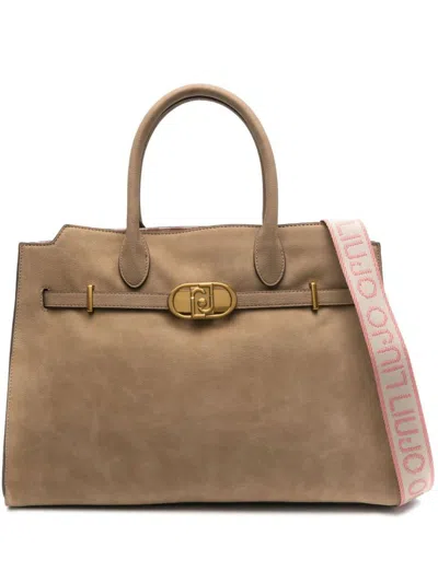 Shop Liu •jo Liu Jo Synthetic Leather Tote Bag With Logo Plaque And Shoulder Strap In Brown