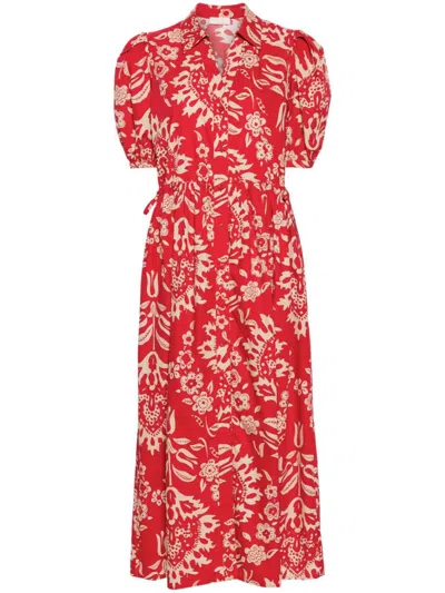 Shop Liu •jo Liu Jo Cotton Midi Dress With Floral Print In Red