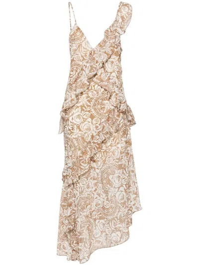 Shop Liu •jo Liu Jo Midi Dress With Floral Print And Ruffles In Brown