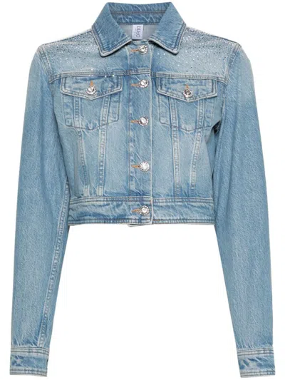 Shop Liu •jo Liu Jo Cropped Denim Jacket With Rhinestones In Blue