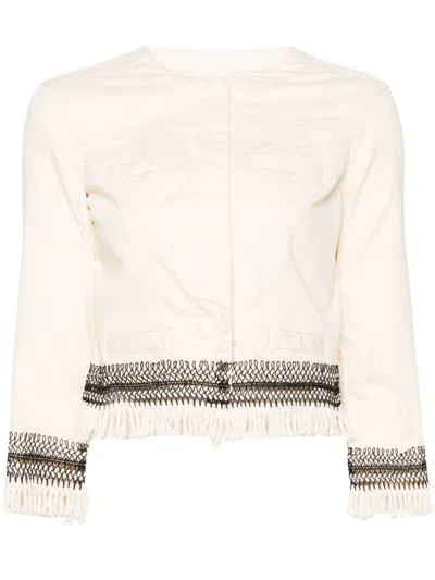 Shop Liu •jo Liu Jo Cotton Jacket With Fringes In Natural