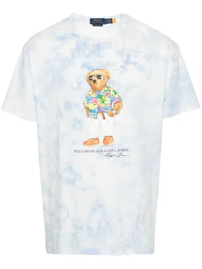 Shop Polo Ralph Lauren Cotton T-shirt With Watercolor Print And Bear Motif In Blue