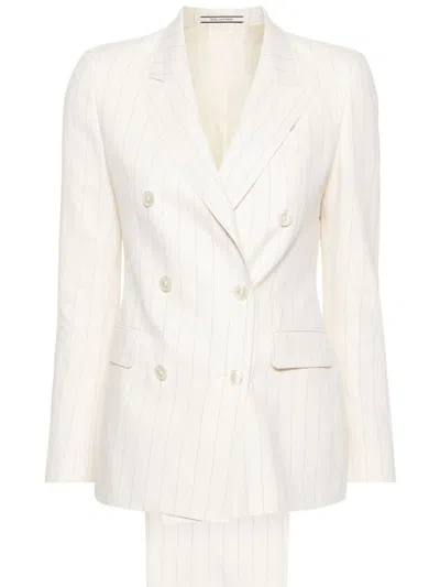 Shop Tagliatore Paris Linen And Cotton Double-breasted Striped Suit In Cream