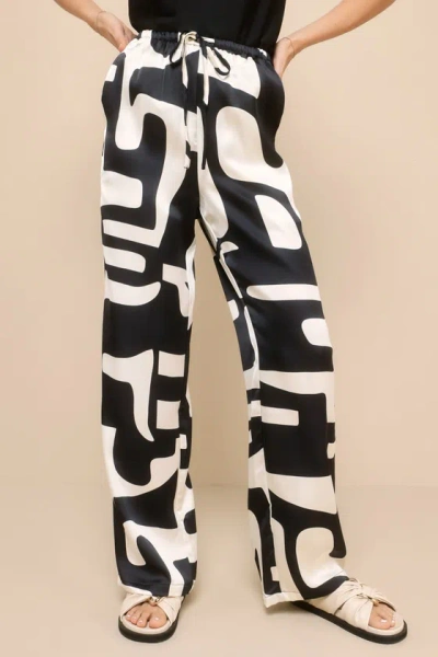 Shop 4th & Reckless Iris Black And Ivory Abstract Satin Wide-leg Pants