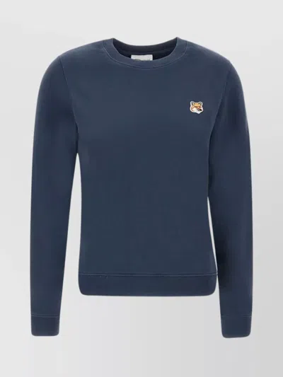 Maison Kitsuné Blue Crewneck Sweater With Fox Head Logo Patch On The Front In Cotton Woman In Blue