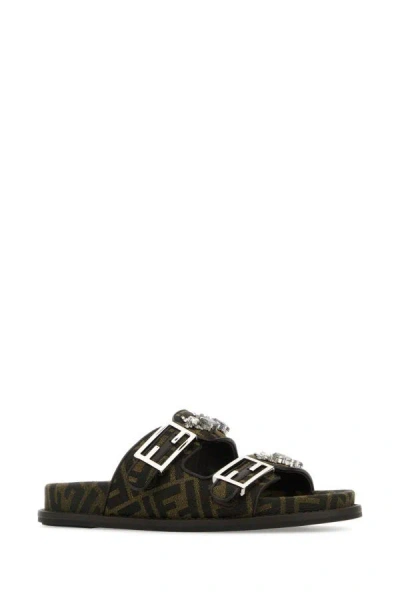 Shop Fendi Woman Embroidered Fabric  Feel Slippers In Multicolor