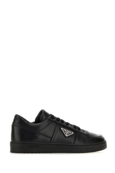 Shop Prada Man Black Leather Sneakers