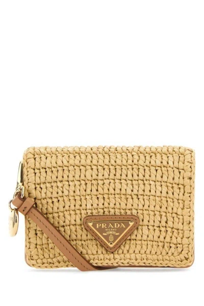 Shop Prada Woman Beige Raffia Card Holder In Brown