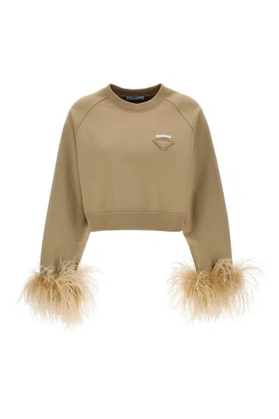 Shop Prada Women Feather Logo Sweatshirt In Cream