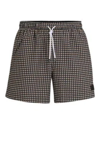 Shop Hugo Boss Micro-print Quick-drying Swim Shorts With Logo Detail In Beige