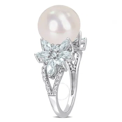 Shop Amour 11-12mm Cultured Freshwater Pearl And 1 1/5 Ct Tgw Aquamarine And 1/10 Ct Tw Diamond Flower Ri In White