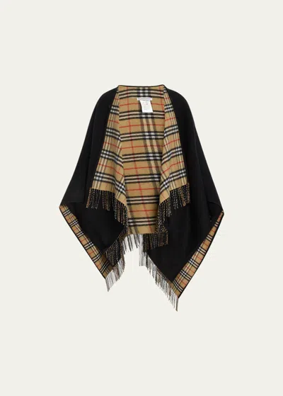 Shop Burberry Vintage-style Check Fringed Wool Cape In Black