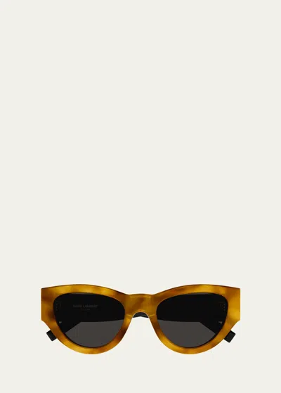 Shop Saint Laurent Ysl Acetate Cat-eye Sunglasses In Shiny Brownyellow