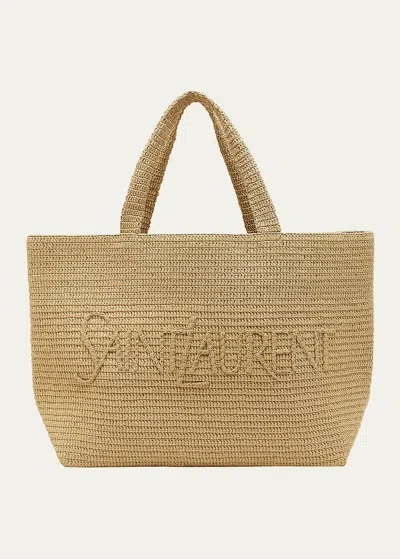 Shop Saint Laurent East-west Logo Raffia Tote Bag In Naturale