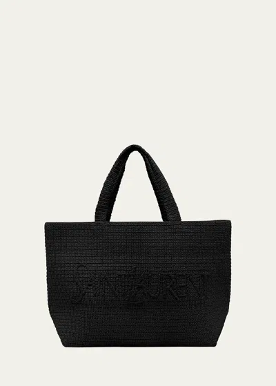 Shop Saint Laurent East-west Logo Raffia Tote Bag In Black