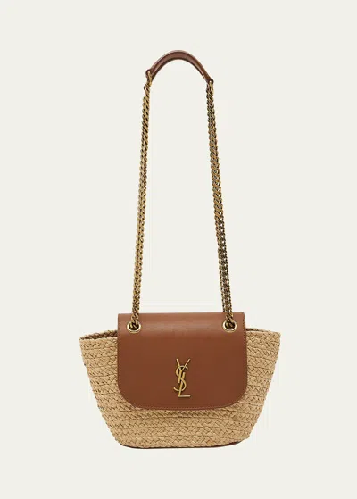 Saint Laurent Panier Mini Ysl Flap Crossbody Basket Bag In Raffia In Natural/brick