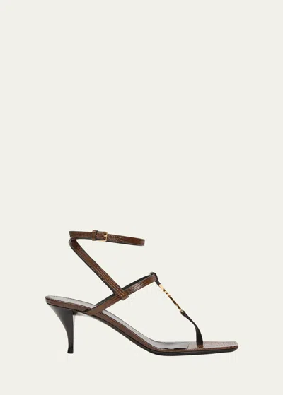 Shop Saint Laurent Cassandra Leather Ysl Ankle-strap Sandals In Macadamia Brown