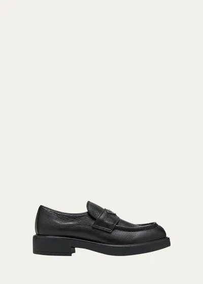 Shop Prada Men's Grained Deerskin Penny Loafers In Black