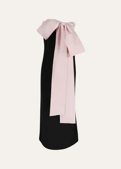 Shop Bernadette Strapless Dress With Contrast Bow In Black Blush Pink