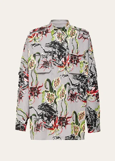 Shop Prada Men's Alien Floral Poplin Sport Shirt In Granito Rosso