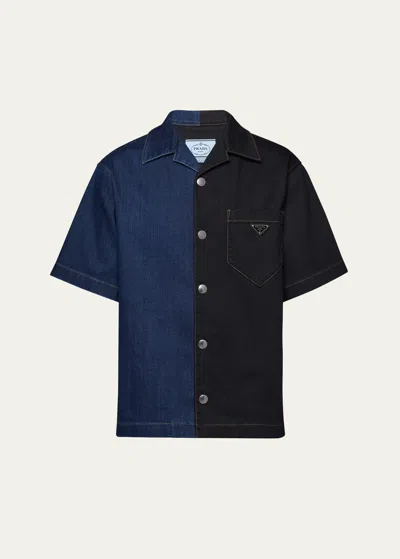 Shop Prada Men's Double Match Denim Camp Shirt In Black Blue