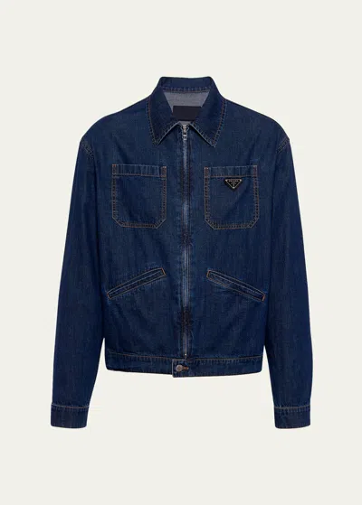 Shop Prada Men's Light Denim Zip Jacket In Bleu
