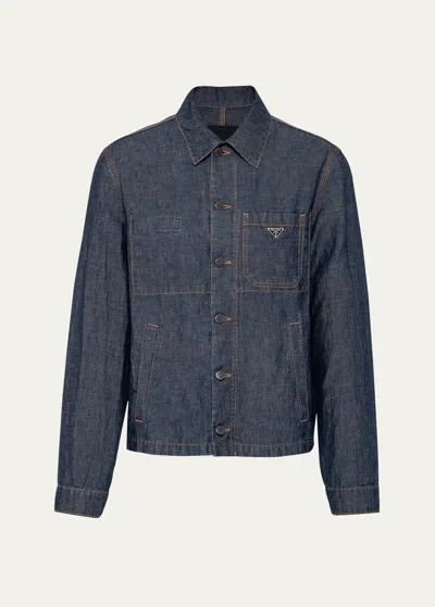Shop Prada Men's Chambray Blouson Jacket In Bleu