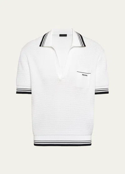 Shop Prada Men's Superfine Cotton-silk Polo Sweater In Bianco Nero